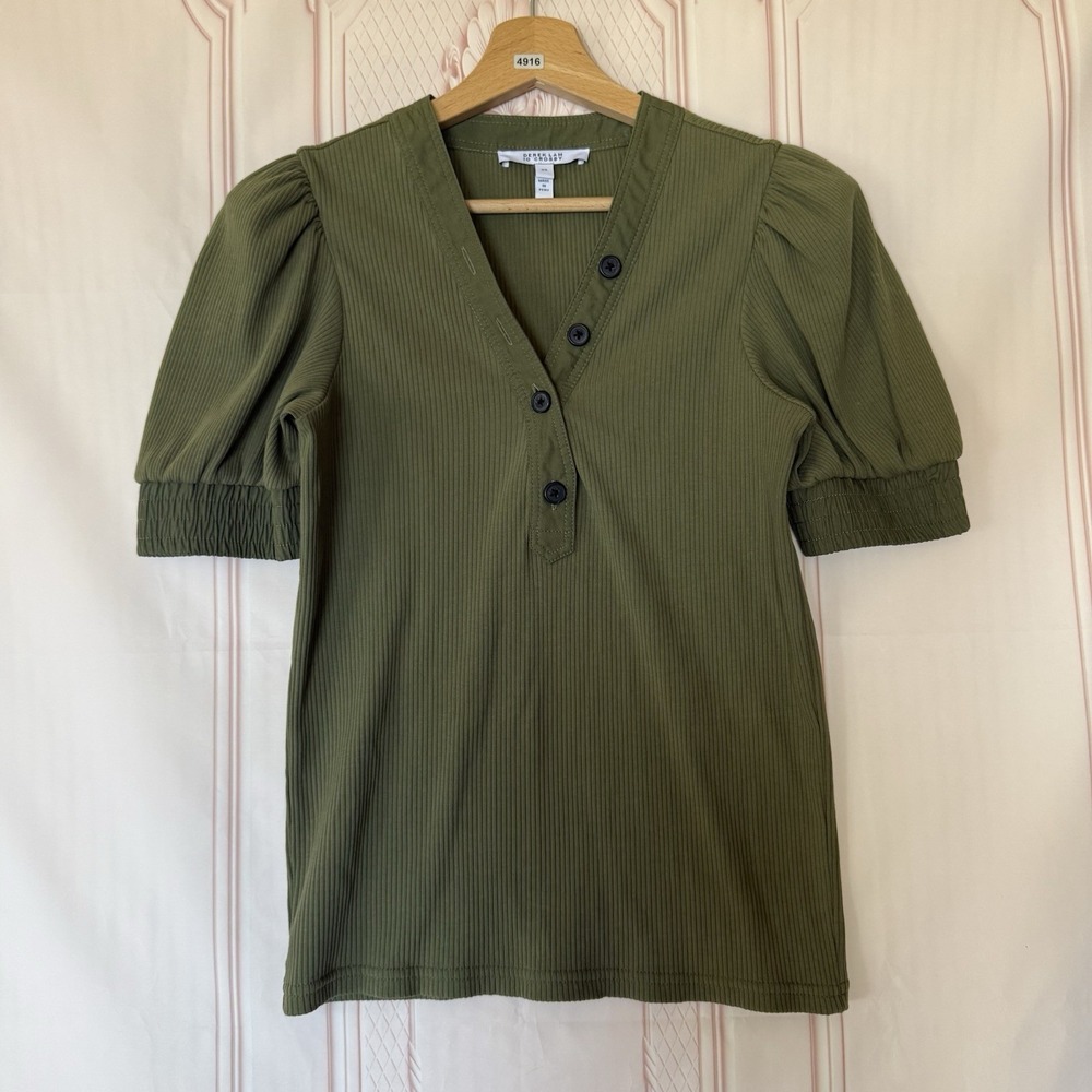 Derek Lam 10 Crosby V Neck Puff Sleeve Ribbed V Neck Top Olive Green Size XS